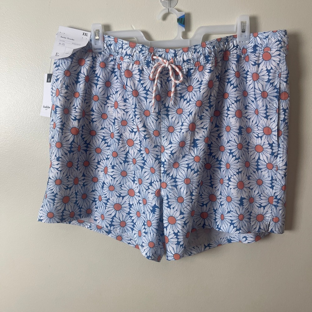 Goodfellow & Co Mens Daisy Floral Swim Trunks Blue Orange 5" Inseam W/ Liner XXL